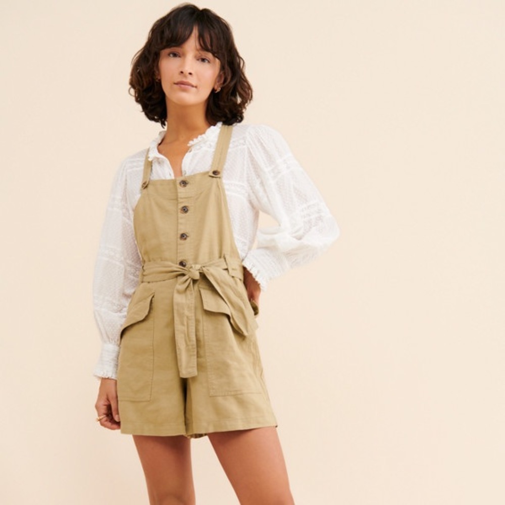 UO Boho Linen Button-Front Overall Shortall M